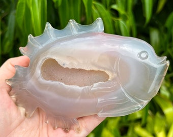 Druzy Agate Crystal Fish Carving, Self Standing