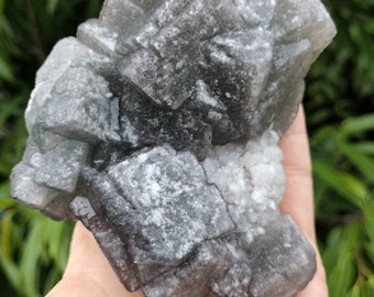 Rare Gray Green Fluorite and Druzy White Quartz Crystal Specimen