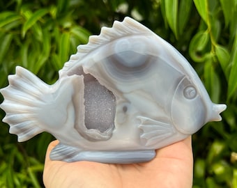 Druzy Agate Crystal Fish Carving, Self Standing
