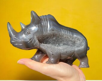 Hand-Carved Druzy Agate Rhino - Metaphysical Crystal for Protection and Strength, Crystal Dinosaur Figurine, Rhinoceros