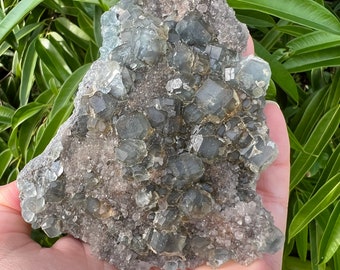Gorgeous Sparkling Translucent Baby Blue Green Fluorite Cluster with Druzy Smokey Quartz