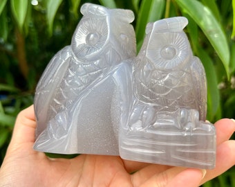 Large Banded Druzy Crystal Owl Agate Carving, Nocturnal Owl Spirit Animal Totem, Blue Banded Bird Agate Centerpiece