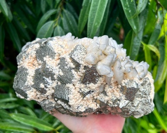 Huge Dodecahedron Pyrite Crystal Cluster with Dog Toothed Calcite, Golden Crystal Centerpiece