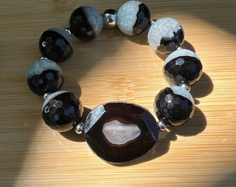 Large Agate Bracelet Gemstone Statement Bracelet Black and White