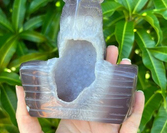Large Banded Druzy Crystal Owl Agate Carving, Nocturnal Owl Spirit Animal Totem, Blue Banded Bird Agate Centerpiece