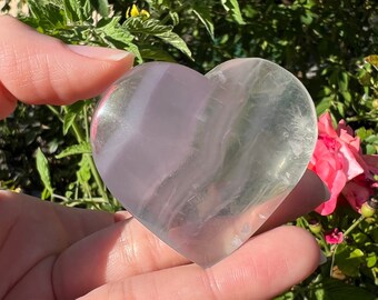 Lavender Yttrium Fluorite Heart: Clear Crystal Palm Stone