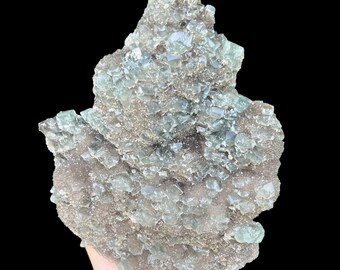 Cubic Fluorite Cluster with Smokey Druzy Quartz