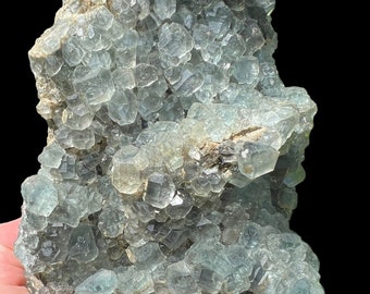 Rare Translucent Blue Green Fluorite Cluster with Druzy, Self Standing Mineral Display