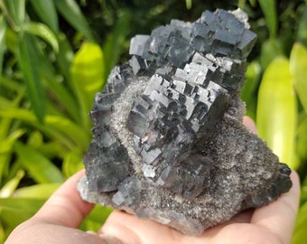 Dark Green & Purple Cubic Fluorite Cluster with Sparkling Druzy Smokey Quartz