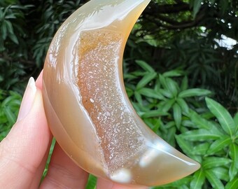 Druzy Agate Moon Carving: Orange Crescent Crystal Gift