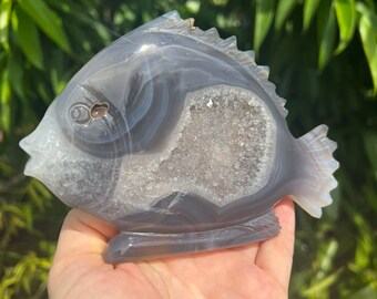 Druzy Agate Crystal Fish Carving, Self Standing