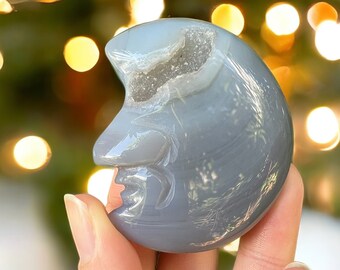 Druzy Agate Moon Face Carving: Natural Crystal Sculpture