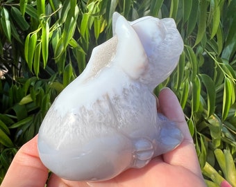 Druzy Agate Crystal BullDog Carving, Crystal Pug Puppy Carving , Crystal Dog Decor
