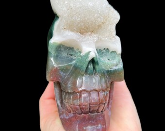 Druzy Green Moss Agate Geode Skull, Metaphysical Crystal Gift