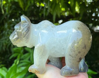 Hand Carved Dendritic Agate Bear: Large Crystal Animal Decor