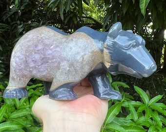 Hand-Carved Agate Bear with Amethyst Druzy Pocket
