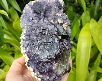 Beautiful Purple Fluorite Cluster, Calcite Symbiosis, Raw Geode, Mineral Specimen