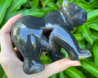 Hand-Carved Black Bear in Agate Crystal with a Stunning Druzy Pocket - Unique Gift for Spiritual Seekers, Animal Totem