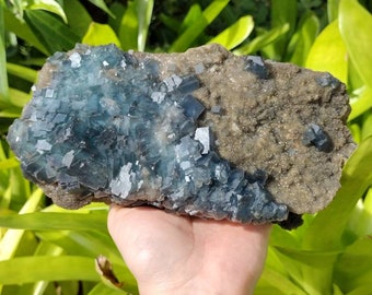 Gorgeous!! Phantom Blue Green and Purple Cubic Fluorite Cluster with Druzy Smokey Quartz, Stand Included