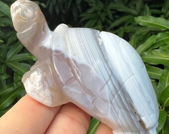 Banded Flower Agate Crystal Turtle Carving, Turtle Spirit Animal Totem