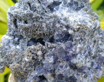 Raw  Very Translucent Purple Fluorite Cluster, Geode Specimen with Druzy Quartz, UV reactive