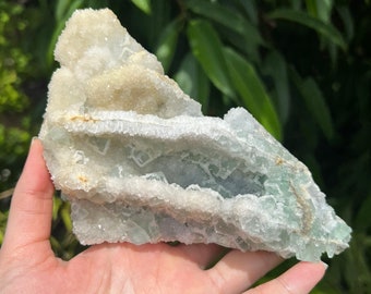 Large Green Sugar Fluorite Cluster with Druzy Quartz, Double Sided