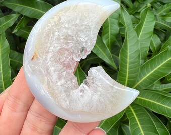 Druzy Agate Moon Carving: Crescent Moon Phase Crystal Gift