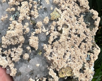 Large Raw Quartz Cluster with Calcite and Pyrite, Crystal Decor, Mined Mixed Mineral Specimen, Metaphysical Decor