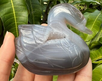 Hand-Carved Agate Swan with Druzy: Crystal Decor