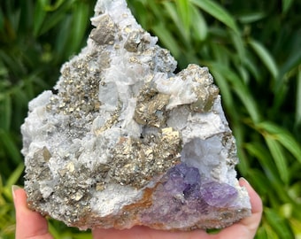 Beautiful Mixed Mineral Cluster with Calcite, Pyrite, Purple Fluorite and Quartz, Raw Mineral Specimen , Crystal Metaphysical Decor