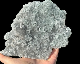Large Green Sugar Fluorite Cluster with Druzy Quartz, Double Sided, Stand Included