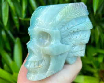 Amazonite Skull in Headdress Carving, Blue Amazonite Skull Carving, Crystal Skull Carving Spritual Metaphysical Gift