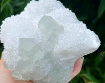 Large Light Green Fluorite Cluster on White Quartz