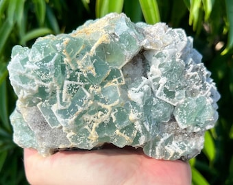 Large Green Fluorite Cluster with Druzy Quartz,  Raw Mined Specimen, Mineral Centerpiece Crystal Decor