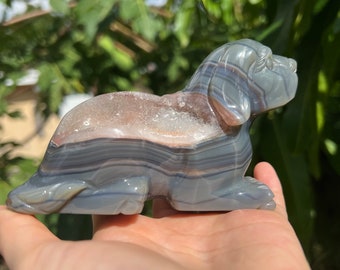 Druzy Agate Crystal Dog Carving: Banded Geode Puppy Decor