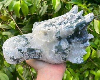 Large Green Moss Agate Dragon Head Skull Carving