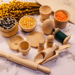 Montessori Wooden Play Set, 14 Piece Wooden Toys for fine Motor Skills Development, Realistic Kitchen Toys, Made in USA