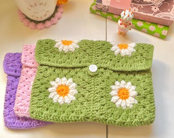 Floral Book Sleeve | Pink Book Sleeve | Green Book Sleeve | Crochet Granny Square Sleeve for Books Kindle Crochet Pouch | Cute Girly Gifts