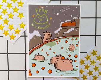 Capybaras in Snow Print, 5x7 Print, Semi Gloss Finish