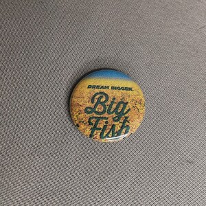 May include: A round button with the text "DREAM BIGGER" and "Big Fish". The button has a blue and yellow background with green text. The button is on a gray surface.