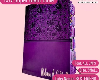May include: A purple KJV Super Giant Bible with a floral embossed cover and personalized name in white script. The book features side index tabs labeled with book names, and text overlays including KJV Super Giant Bible, Font: ALL CAPS, Size: SMALL, Tabs Name: BESTFRIEND, and Jesus Bible Ministry.