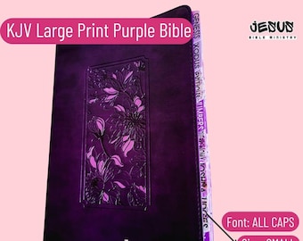 May include: A purple KJV large print Bible featuring a floral embossed rectangular panel on the front cover. The Bible includes indexed tabs labeled with book names like Genesis, Exodus, Leviticus, Numbers, Deuteronomy, Joshua, and Judges.