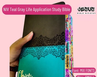 PERSONALIZE Bible, NIV Life Application Study Bible,Personal Size, Gray/Teal, Holy Bible, Gift Bible, With Custom Laminated Tabs