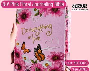 PERSONALIZE Bible, NIV Journaling Bible, Customize Tabs, Cloth over board, Pink floral, Holy Bible, Bible with Tabs, Gift Bible, Bible