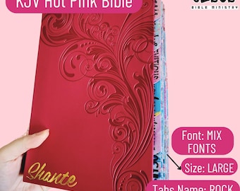 Biblia KJV personalizada: letra gigante, rosa/rojo, con pestañas