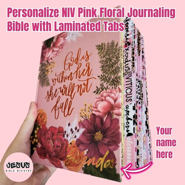 Personalized NIV Journaling Bible with Tabs, Pink Floral, Laminated Tabs, Pink Bible, Hard Cover, Christian Gifts, Pink Bible, Holy Bible