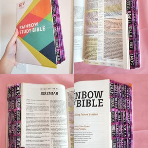 May include: A Rainbow Study Bible with color-coded tabs. The cover features a geometric design in various colors, including orange, green, and blue. The book is open in multiple images, revealing the text and tabbed edges.