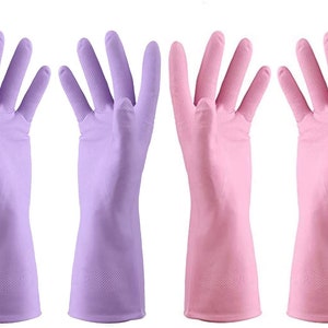 May include: Two pairs of reusable cleaning gloves, one pair is purple and the other pair is pink.
