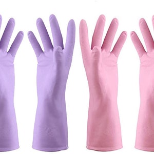 2 Pairs Household Rubber Gloves for Cleaning Dishwashing Gloves Purple Pink One Size suitable for women wears XS-M