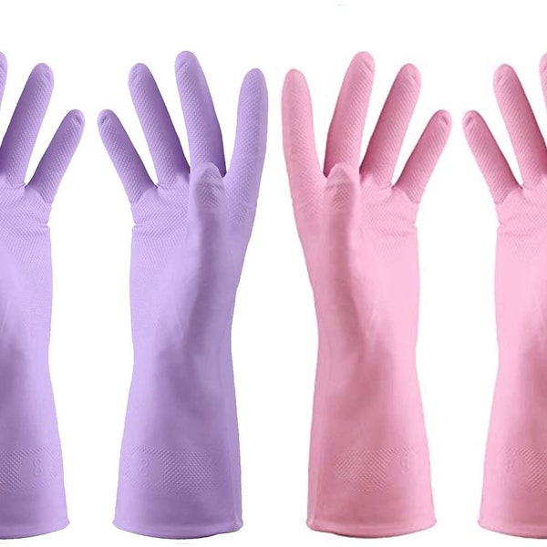 2 Pairs Household Rubber Gloves for Cleaning Dishwashing Gloves Purple Pink One Size suitable for women wears XS-M